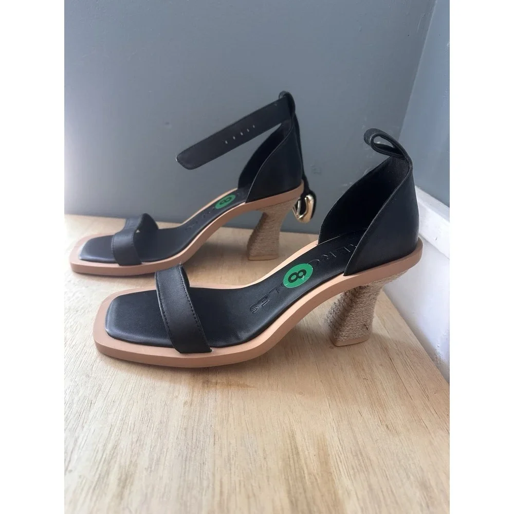 AEROSOLES Women's Size 8 Black Calico Square Toe Ankle Strap Heeled Sandal *READ